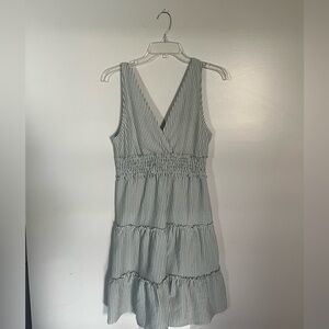 American Eagle Outfitters Green and White Striped Tiered V‑Neck Mini Dress
